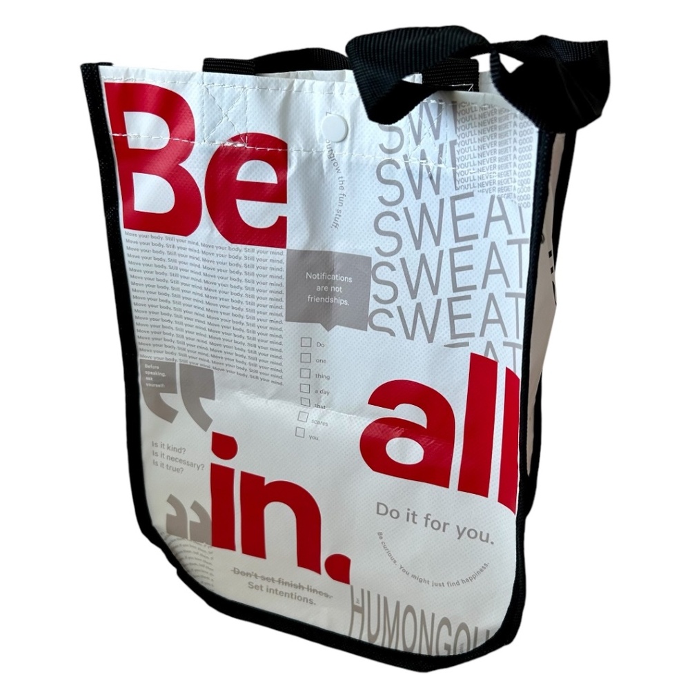 Lululemon Small Tote Bag White and Red Black Handles Snap Closure Inspiration